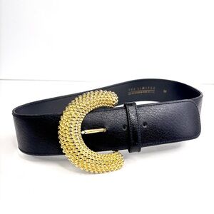 The Limited‎ Vintage Y2K Wide Black Leather Belt Textured Gold Crescent Buckle